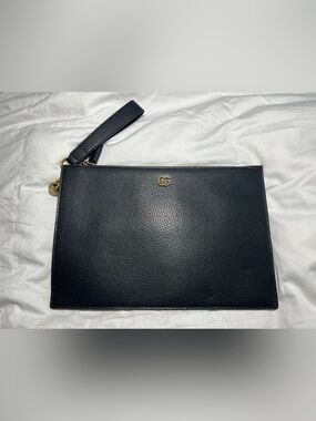 Gucci Ins pired Black Leather Wristlet with Gold Logo